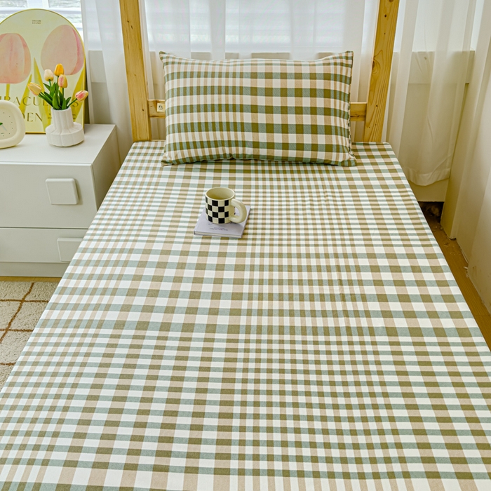 91家纺网 家纺一手货源 找家纺 金丝鸟 2024新款学生款A类全棉老粗布床单 绿小格