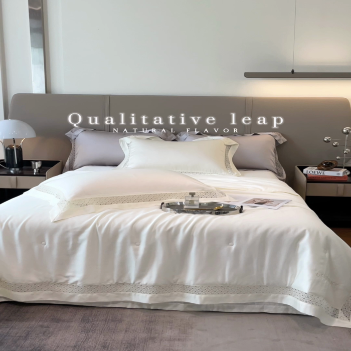 91家纺网 家纺一手货源 找家纺 佳汐蓝家纺 新款60支莱赛尔天丝镂空花边丝悦系列夏被四件套 丝悦-浅米白