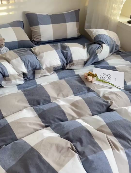 91家纺网 家纺一手货源 找家纺 大柏树 2025新款A类色织全棉水洗棉单品系列-四件套 蓝大格