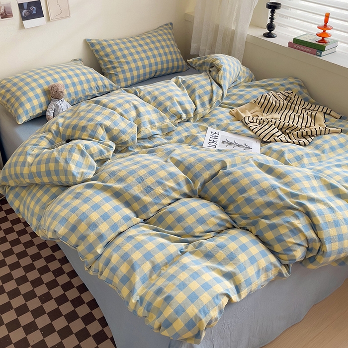 91家纺网 家纺一手货源 找家纺 大柏树 2025新款A类色织全棉水洗棉单品系列-四件套 蓝黄三分格