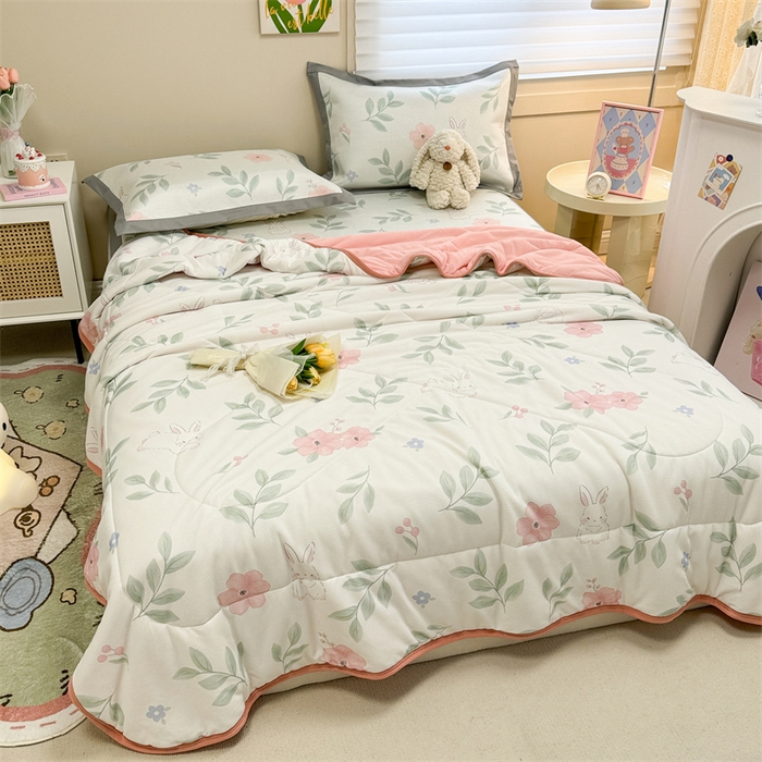 91家纺网 家纺一手货源 找家纺 沐慕 2024新款小清新华夫格印花冰藤夏被四件套 华夫格-莫妮卡