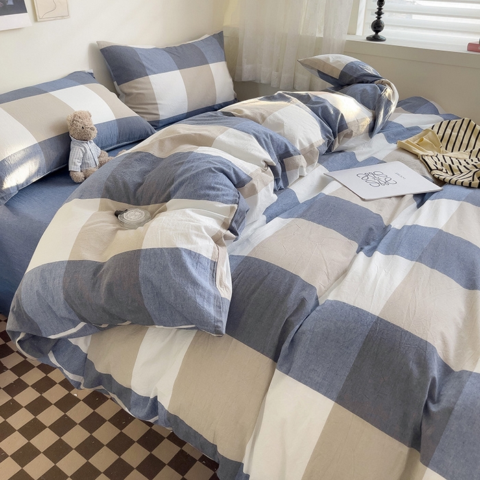 91家纺网 家纺一手货源 找家纺 大柏树 2025新款A类色织全棉水洗棉单品系列-四件套 蓝大格