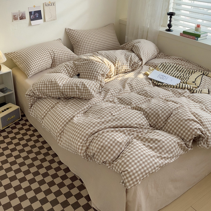 91家纺网 家纺一手货源 找家纺 大柏树 2025新款A类色织全棉水洗棉单品系列-四件套 米小格