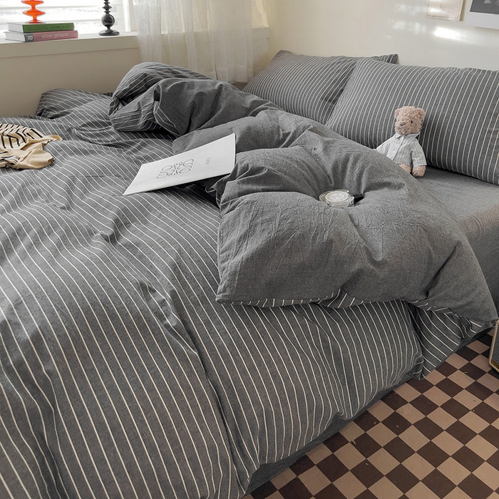 91家纺网 家纺一手货源 找家纺 大柏树 2025新款A类色织全棉水洗棉单品系列-四件套 灰细条