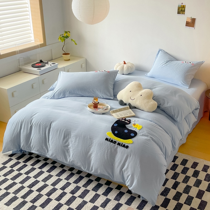 91家纺网 家纺一手货源 找家纺 梵克保罗 2024新款卡通水洗棉毛巾绣四件套 可爱猫-蓝