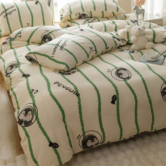 91家纺网 家纺一手货源 找家纺 瑞米家居 2024新款A类全棉针织棉四件套 企鹅-绿