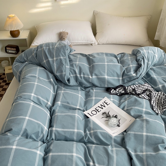 91家纺网 家纺一手货源 找家纺 大柏树 2025新款A类色织全棉水洗棉单品系列-单被套 蓝灰中格