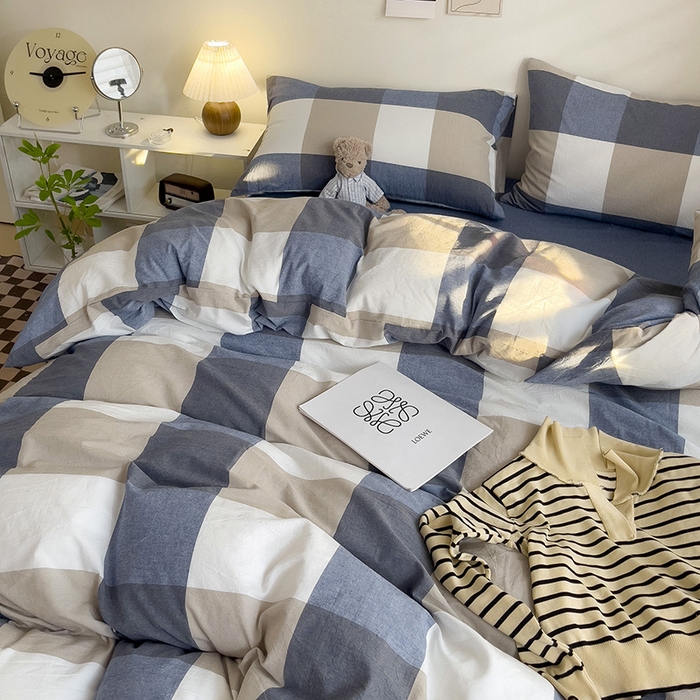 91家纺网 家纺一手货源 找家纺 大柏树 2025新款A类色织全棉水洗棉单品系列-四件套 蓝大格