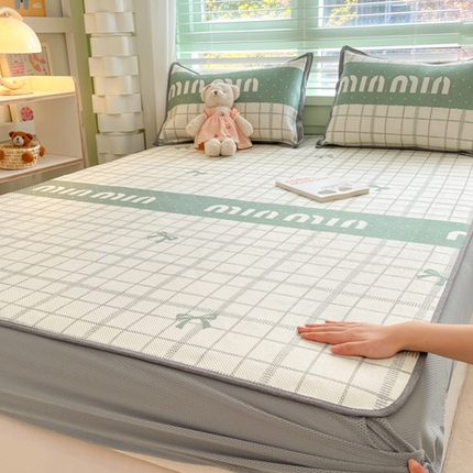 91家纺网 家纺一手货源 找家纺 沐慕 2024新款小清新印花冰藤床笠系列 床笠-蝴蝶结绿