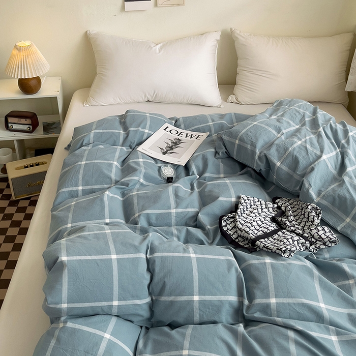 91家纺网 家纺一手货源 找家纺 大柏树 2025新款A类色织全棉水洗棉单品系列-单被套 蓝灰中格