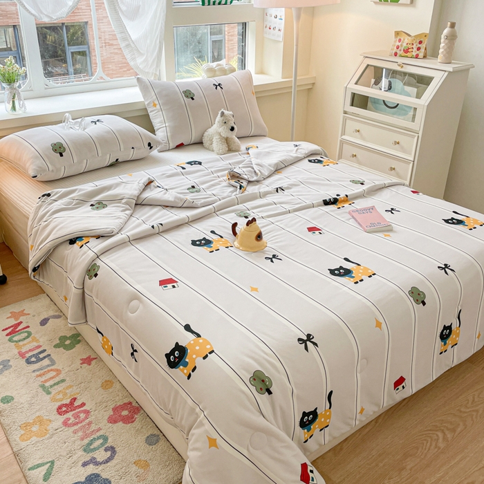 91家纺网 家纺一手货源 找家纺 沐慕 2024新款小清新加厚亲肤针织棉夏被 喵喵屋