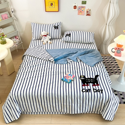 雅居纺家纺 2024新款全棉绣花夏被可配同款老粗布四件套 夏被-小猫咪