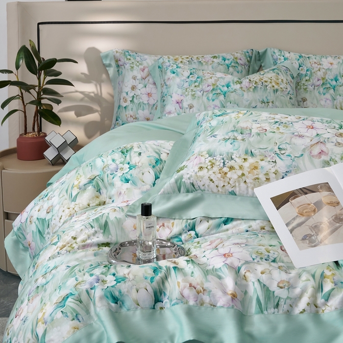 91家纺网 家纺一手货源 找家纺 榻尚家居 2024新款天丝棉数码印花四件套 繁花绿