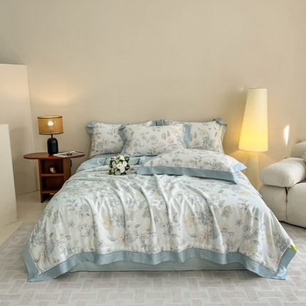 91家纺网 家纺一手货源 找家纺 若未2025新款法式莱赛尔天丝印花镂空夏被和夏被四件套 春日蜜糖（兰）