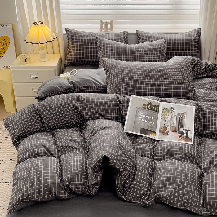 91家纺网 家纺一手货源 找家纺 楠沐家纺 2025新款亲肤柔软水洗棉磨毛四件套 黑小格