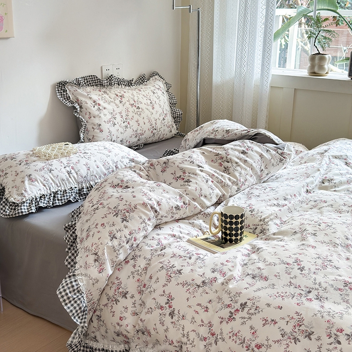 91家纺网 家纺一手货源 找家纺 沐棉 2024新款韩式公主风全棉花边四件套 心弦