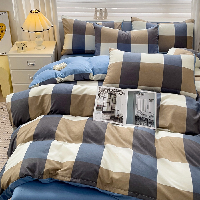 91家纺网 家纺一手货源 找家纺 楠沐家纺 2025新款亲肤柔软水洗棉磨毛四件套 蓝大格