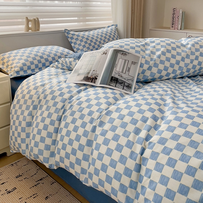 91家纺网 家纺一手货源 找家纺 楠沐家纺 2025新款亲肤柔软水洗棉磨毛四件套 棋盘格蓝