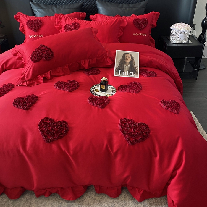 91家纺网 家纺一手货源 找家纺 优悦_新款磨毛婚庆3D立体绣花四件套 心里有你