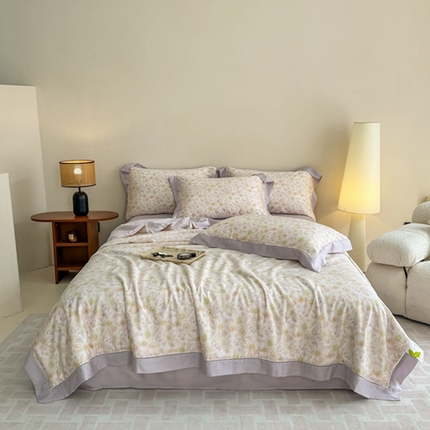 若未2025新款法式莱赛尔天丝印花镂空夏被和夏被四件套 爱的私语（粉）