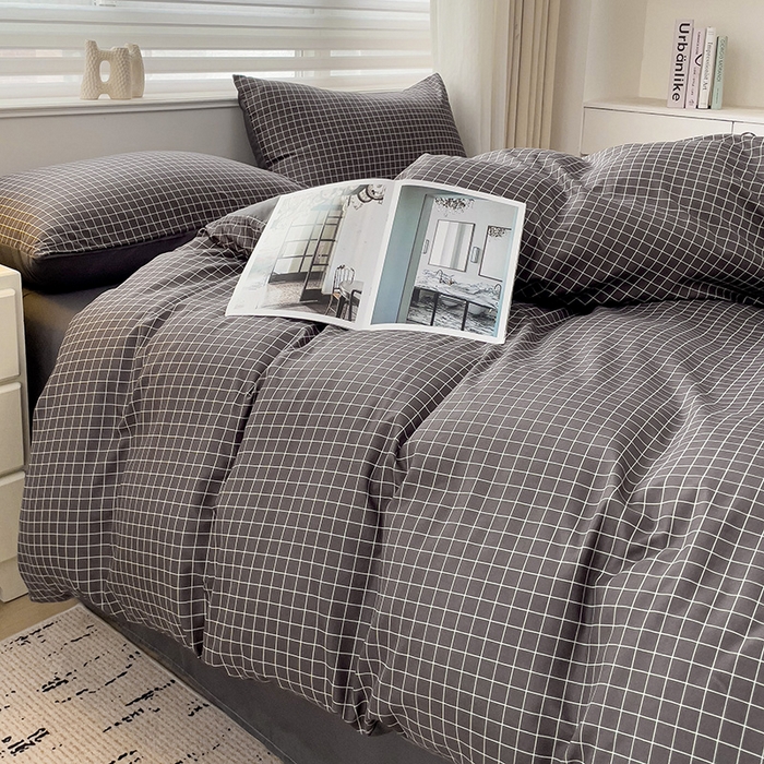 91家纺网 家纺一手货源 找家纺 楠沐家纺 2025新款亲肤柔软水洗棉磨毛四件套 黑小格