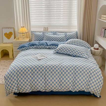 楠沐家纺 2025新款亲肤柔软水洗棉磨毛四件套 棋盘格蓝