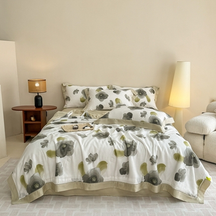 91家纺网 家纺一手货源 找家纺 （总）若未2025新款法式莱赛尔天丝印花镂空夏被和夏被四件套