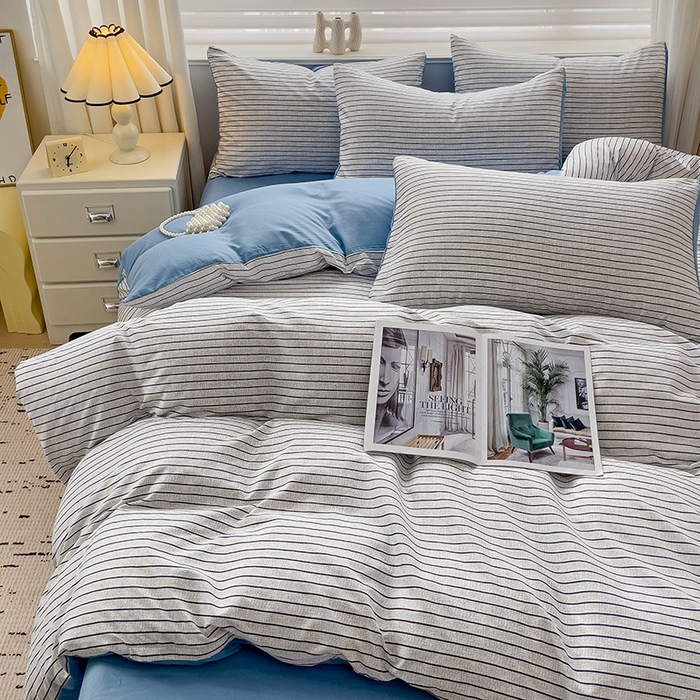 91家纺网 家纺一手货源 找家纺 楠沐家纺 2025新款亲肤柔软水洗棉磨毛四件套 白条蓝