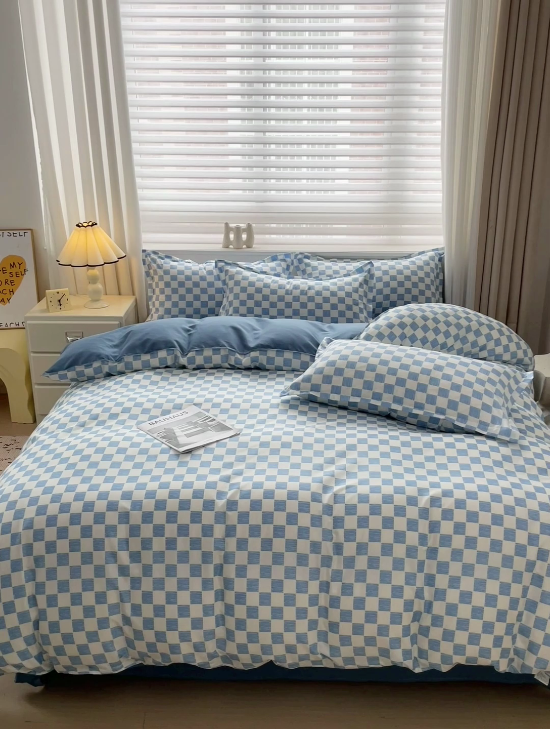 91家纺网 家纺一手货源 找家纺 楠沐家纺 2025新款亲肤柔软水洗棉磨毛四件套 棋盘格蓝