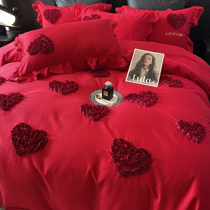 91家纺网 家纺一手货源 找家纺 优悦_新款磨毛婚庆3D立体绣花四件套 心里有你