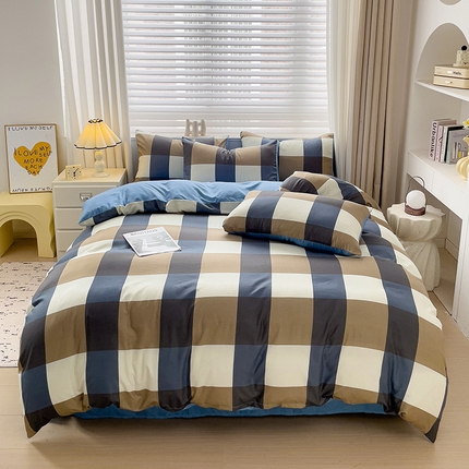 楠沐家纺 2025新款亲肤柔软水洗棉磨毛四件套 蓝大格