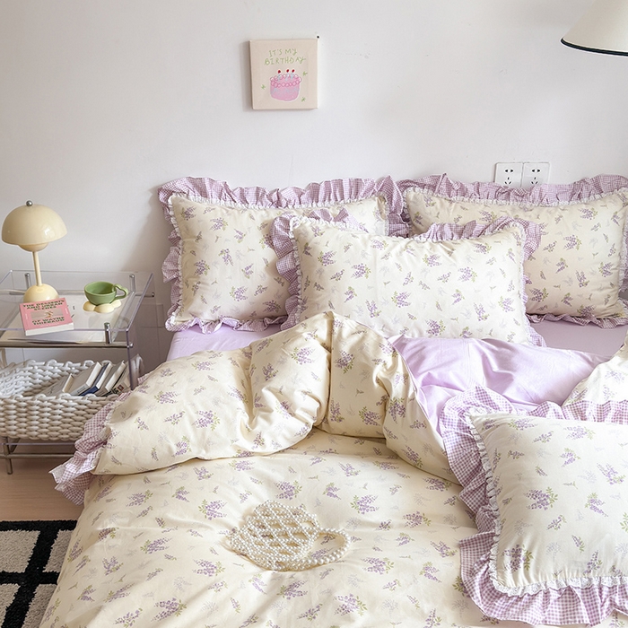 91家纺网 家纺一手货源 找家纺 沐棉 2024新款韩式公主风全棉花边四件套 薰衣草