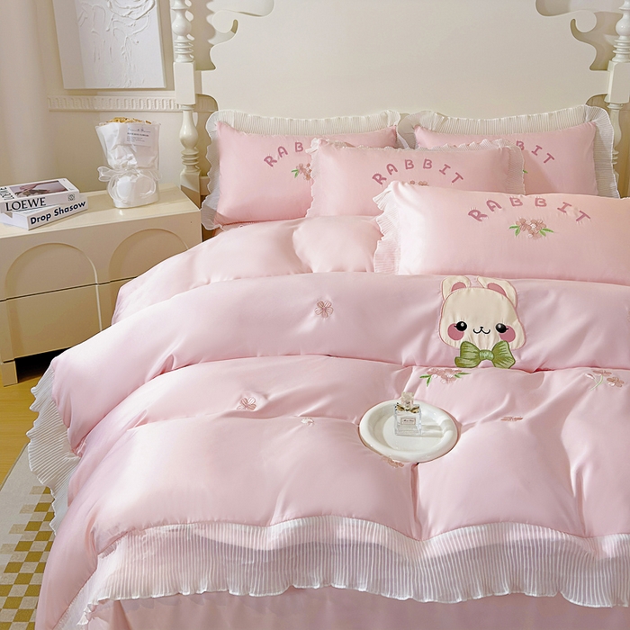 91家纺网 家纺一手货源 找家纺 （总）菲儿家纺 2024新款水洗真丝花边刺绣四件套-萌萌兔系列