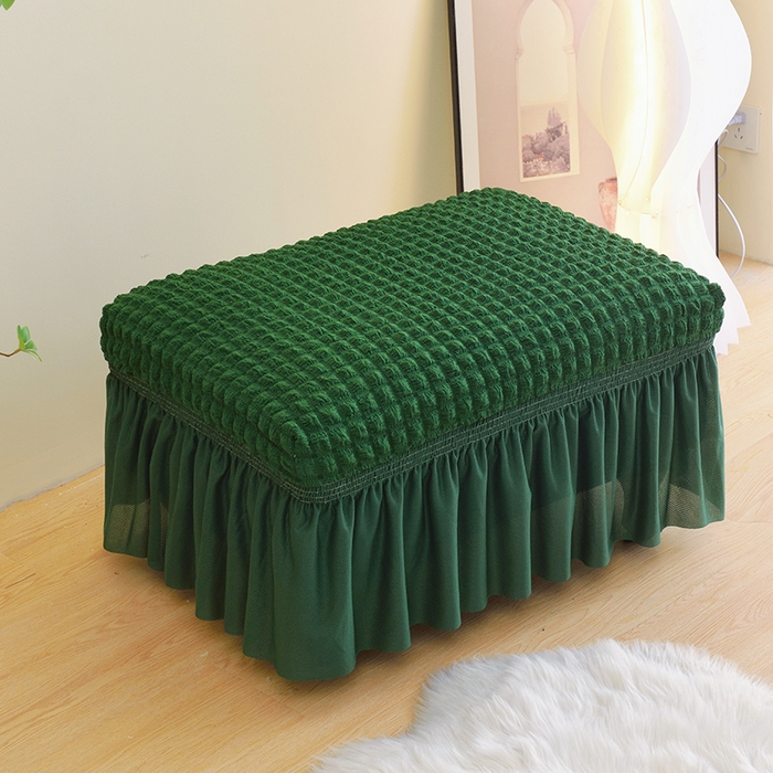 91家纺网 家纺一手货源 找家纺 启博家纺 2024新款简约舒适泡泡纱系列-裙边换鞋凳套（脚踏套沙发凳套） 橄榄绿