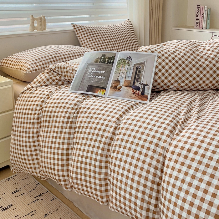 91家纺网 家纺一手货源 找家纺 楠沐家纺 2025新款亲肤柔软水洗棉磨毛四件套 咖小格