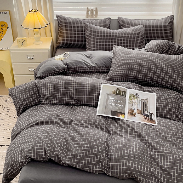 91家纺网 家纺一手货源 找家纺 楠沐家纺 2025新款亲肤柔软水洗棉磨毛四件套 黑小格