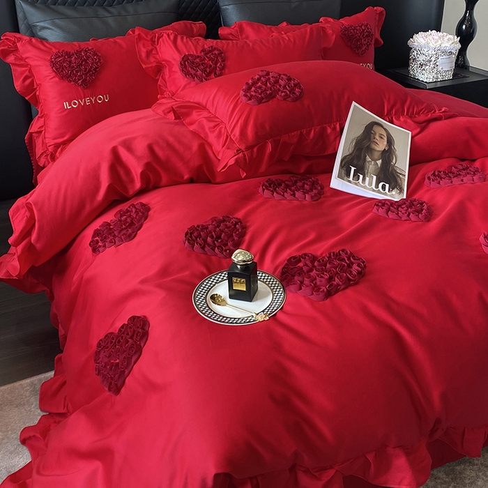 91家纺网 家纺一手货源 找家纺 优悦_新款磨毛婚庆3D立体绣花四件套 心里有你