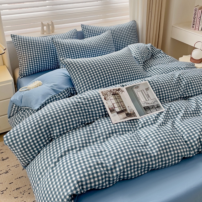 91家纺网 家纺一手货源 找家纺 楠沐家纺 2025新款亲肤柔软水洗棉磨毛四件套 蓝小格