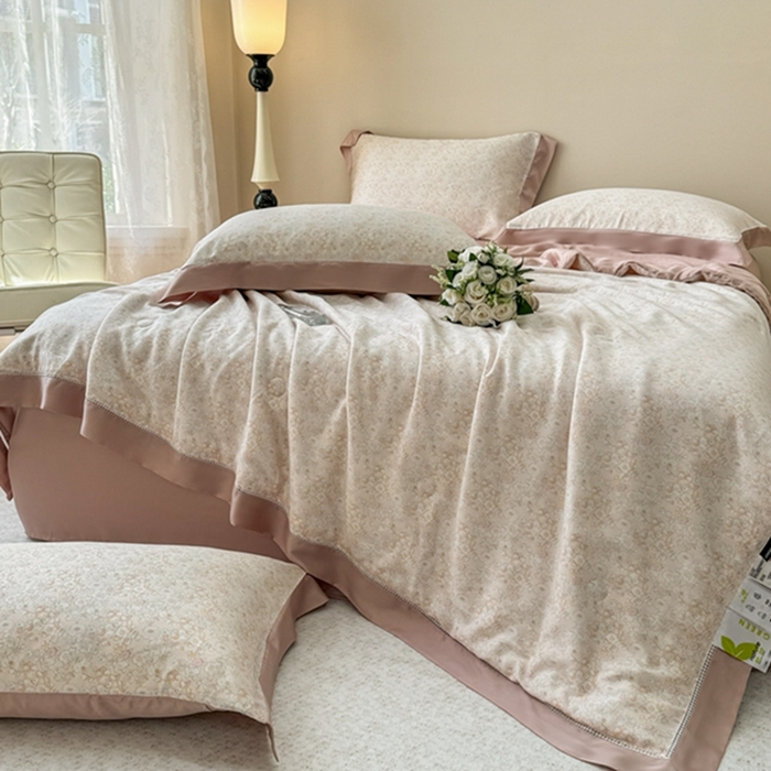 91家纺网 家纺一手货源 找家纺 若未2025新款法式莱赛尔天丝印花镂空夏被和夏被四件套 歌曼（桔）