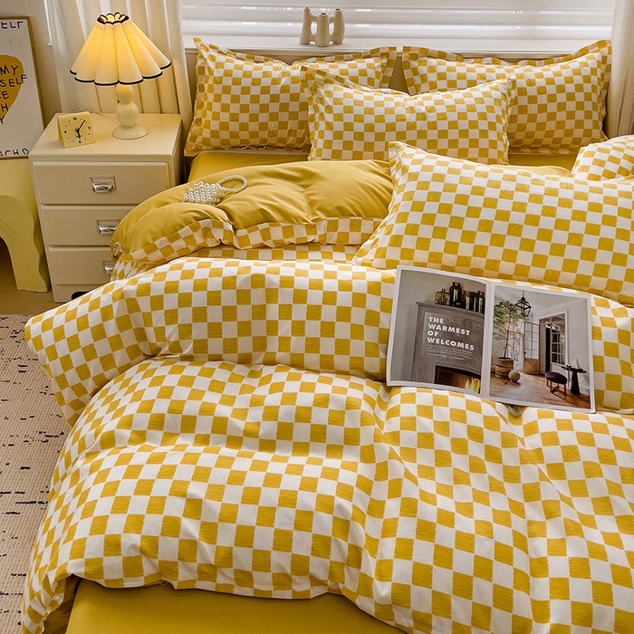 91家纺网 家纺一手货源 找家纺 楠沐家纺 2025新款亲肤柔软水洗棉磨毛四件套 棋盘格黄