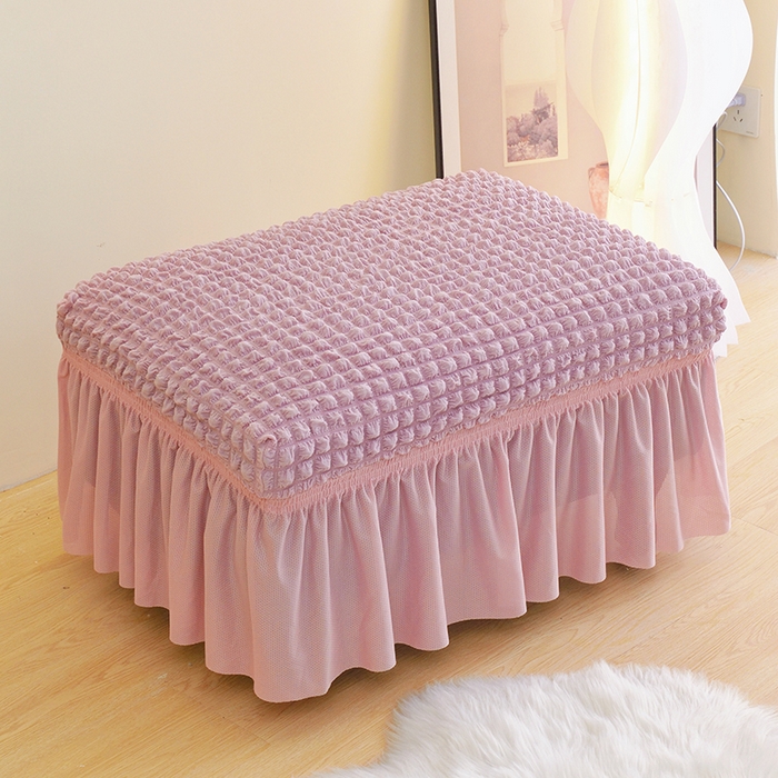 91家纺网 家纺一手货源 找家纺 启博家纺 2024新款简约舒适泡泡纱系列-裙边换鞋凳套（脚踏套沙发凳套） 桃粉