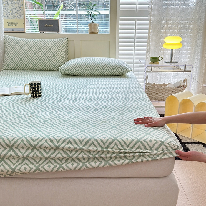 91家纺网 家纺一手货源 找家纺 吉象家纺 2024新款老粗布三件套-床笠款 品格绿