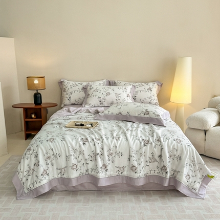 91家纺网 家纺一手货源 找家纺 若未2025新款法式莱赛尔天丝印花镂空夏被和夏被四件套 情依