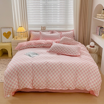 楠沐家纺 2025新款亲肤柔软水洗棉磨毛四件套 棋盘格粉
