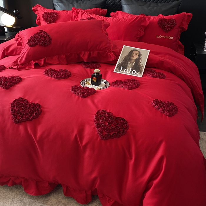 91家纺网 家纺一手货源 找家纺 优悦_新款磨毛婚庆3D立体绣花四件套 心里有你