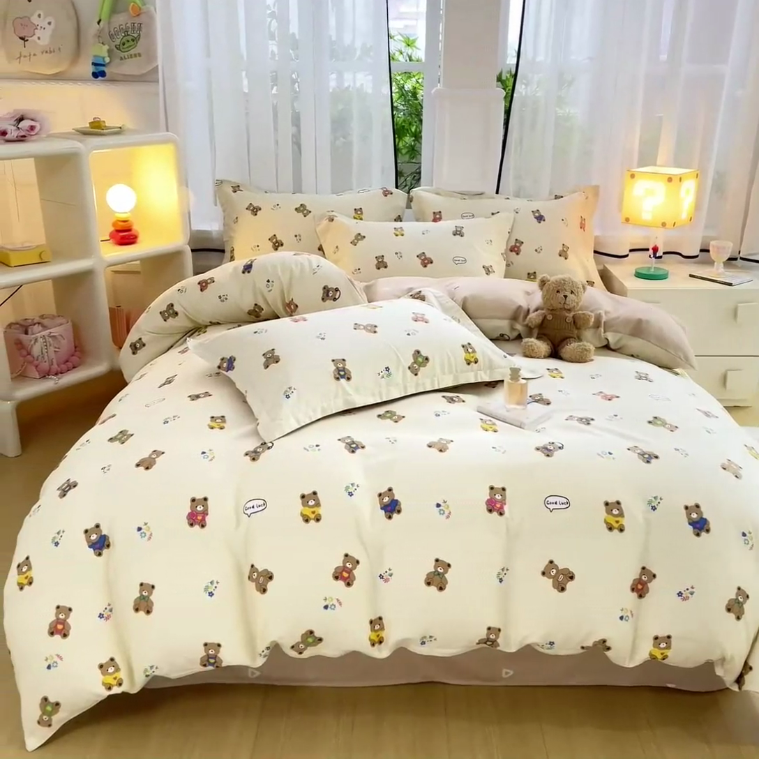 91家纺网 家纺一手货源 找家纺 铭博家纺 2024新款全棉印花四件套 小熊宝宝