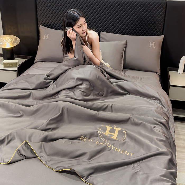 91家纺网 家纺一手货源 找家纺 星航家纺 2025新款轻奢夏被四件套晾感冰丝空调被水洗冰丝夏被 深灰