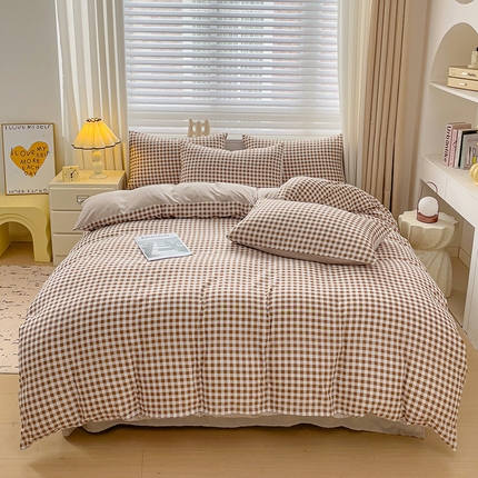 楠沐家纺 2025新款亲肤柔软水洗棉磨毛四件套 咖小格