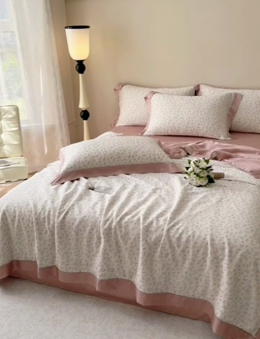 91家纺网 家纺一手货源 找家纺 若未2025新款法式莱赛尔天丝印花镂空夏被和夏被四件套 叶纷飞