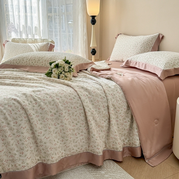 91家纺网 家纺一手货源 找家纺 若未2025新款法式莱赛尔天丝印花镂空夏被和夏被四件套 叶纷飞